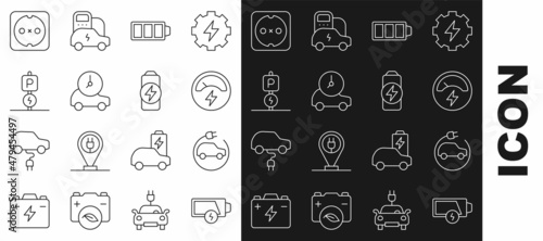 Set line Low battery, Electric car, Voltmeter, Battery charge, Charging parking electric, Electrical outlet and icon. Vector
