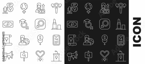 Set line Debate podium rostrum, Dating app, Lipstick, Money growth woman, Teacher, Microphone and Male gender icon. Vector