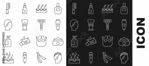 Set line Hairstyle for men, Gel wax hair styling, Electric razor blade, Human follicle, Shaving brush, Hairbrush and icon. Vector