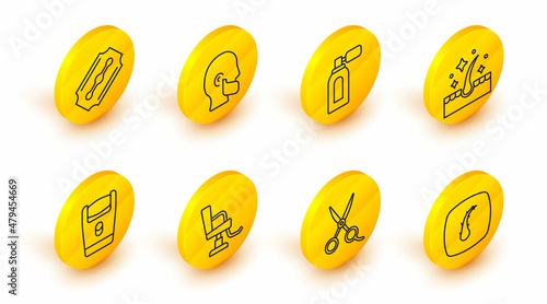 Set line Human hair follicle, Scissors hairdresser, Barbershop chair, Electric razor blade, Oil for care treatment, Aftershave with atomizer, Mustache and beard and Blade icon. Vector