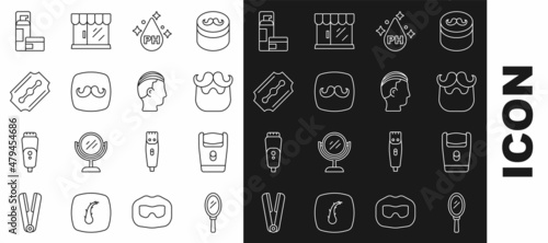Set line Hand mirror, Electric razor blade, Mustache beard, Oil for hair care treatment, Barbershop, Blade, Shaving gel foam and Hairstyle icon. Vector