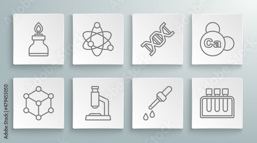 Set line Molecule, Atom, Microscope, Pipette, Test tube, DNA symbol, Mineral Ca Calcium and Alcohol or spirit burner icon. Vector