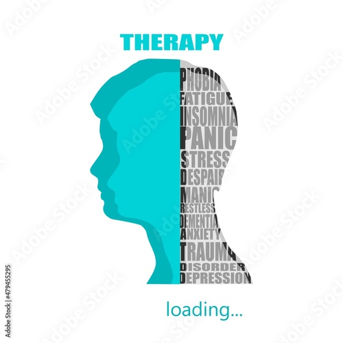 Head of man as progress bar with mental health relative tags cloud