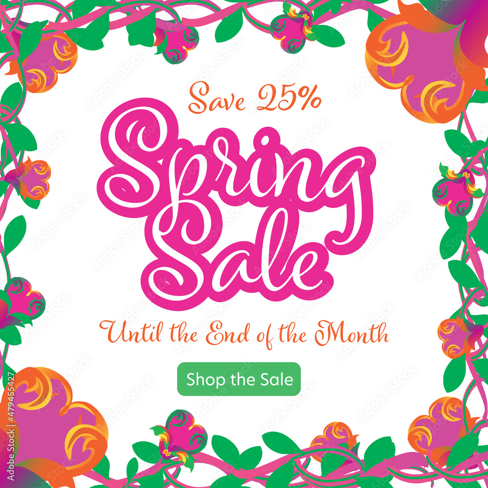 Spring sale square web ad that is editable with vividly bright floral border with very pretty type