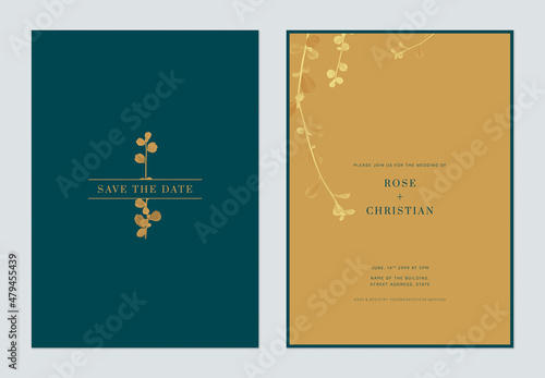 Minimalist foliage wedding invitation card template design, Siamese rough bush leaves on blue and brown