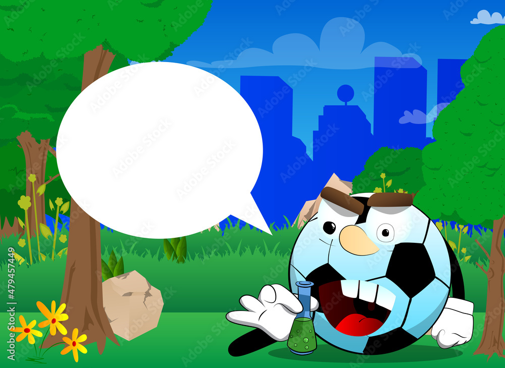 Naklejka premium Soccer ball holding a test tube. Traditional football ball as a cartoon character with face.