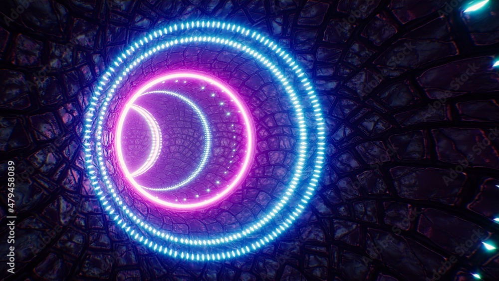 Glittering Circle Neon Light in the Stone Tunnel 3D Rendering Glittering Circle Neon Light in the Stone Tunnel 3D Rendering