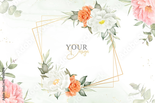 Elegant Watercolor Floral Frame Background Design with Hand Drawn Peony and Leaves