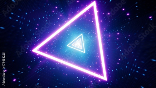Multiple Neon Triangle Light in the Glittering VJ Background 3D Rendering