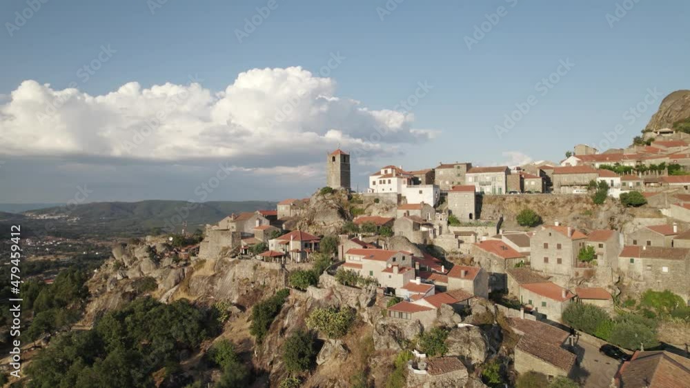 Monsanto village on mountainside with granite houses, Portugal; aerial Monsanto village on mountainside with granite houses, Portugal; aerial