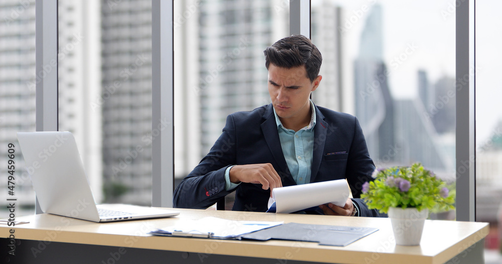 Fototapeta premium business man and group using notebook for meeting and business men smiling happy for working