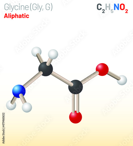 Glycine (Gly, G) amino acid molecule. (Chemical formula C2H5NO2) Ball-and-stick model, space-filling model and skeletal formula. Layered vector illustration
