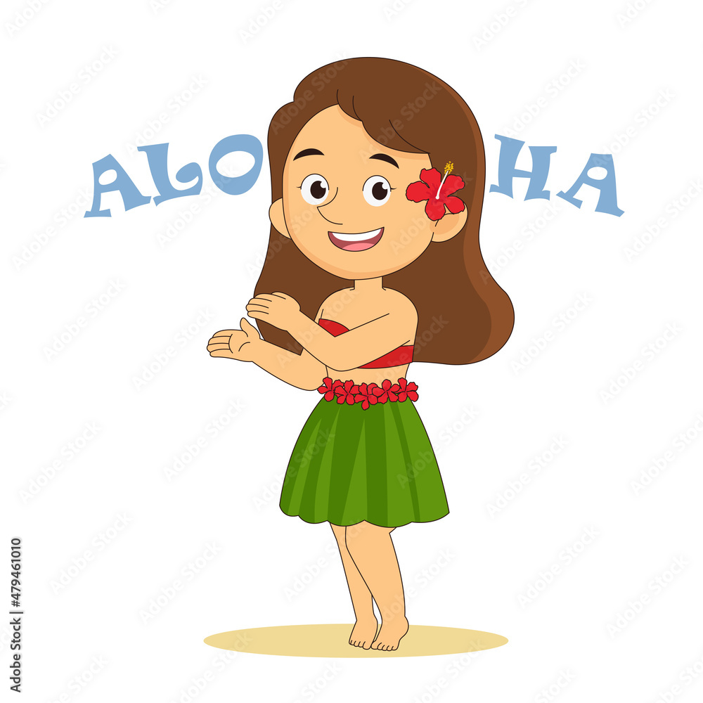 Hawaiian girl in grass skirt dancing and hibiscus Hawaiian girl in grass skirt dancing and hibiscus