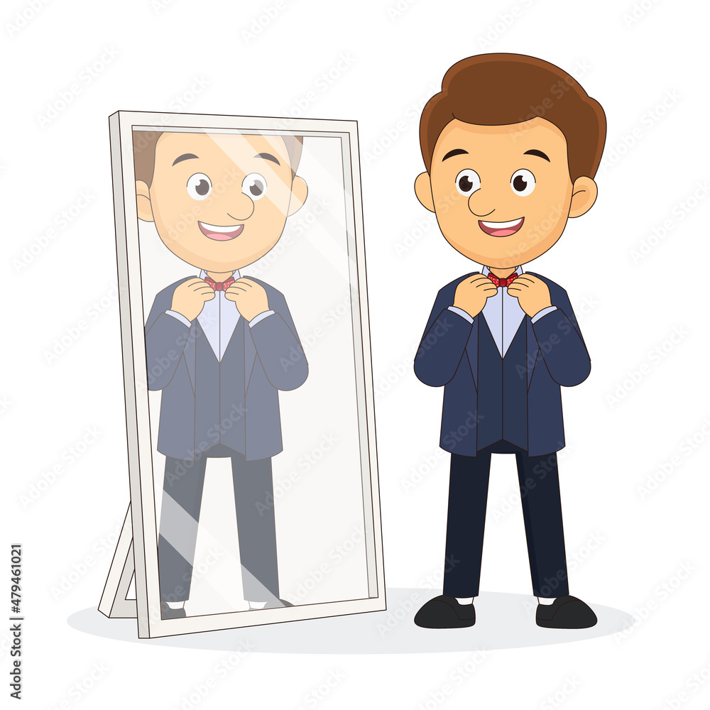 Man Wearing Bow Tie Looking In Mirror Man Wearing Bow Tie Looking In Mirror