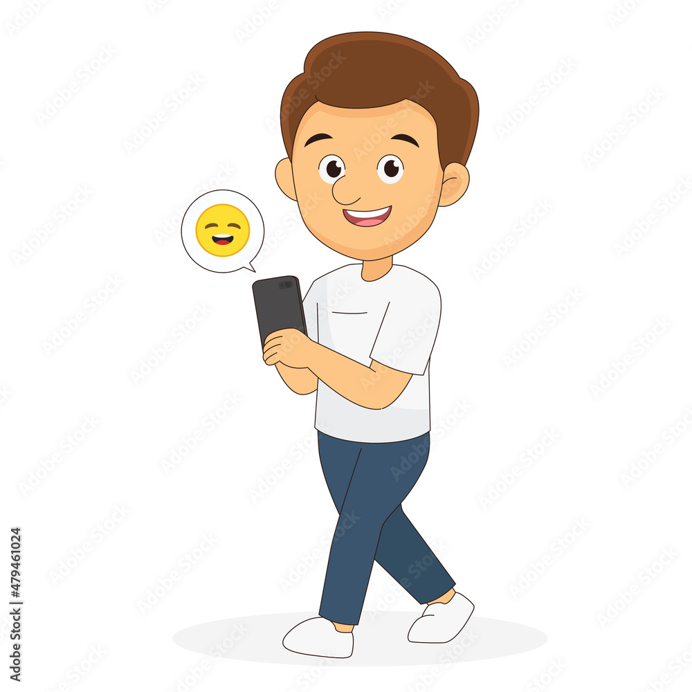 Young Man Finding Happy Emoji With Smartphone Young Man Finding Happy Emoji With Smartphone