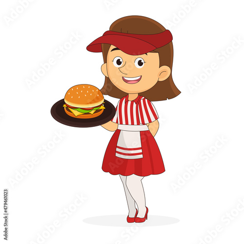 Fast food waitress holding a tray with burger