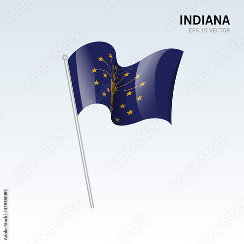 Waving flag of Indiana state of United States of America on gray background photo