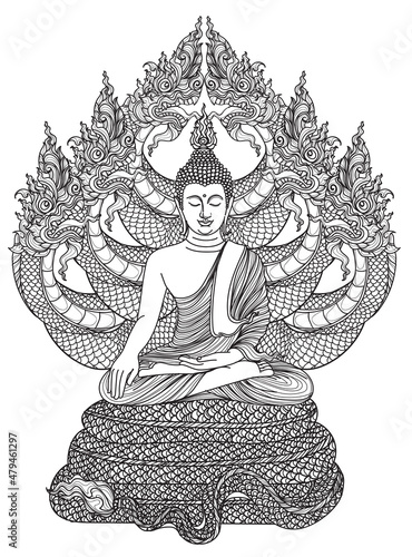 Tattoo art buddha thai design on lotus hand drawing and sketch