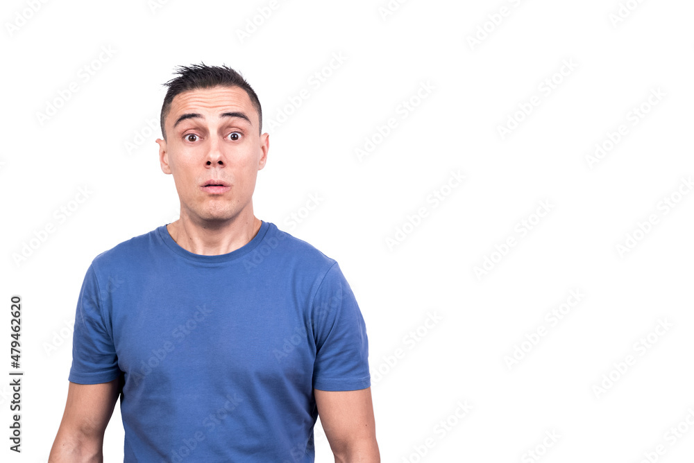 Man standing with a surprised look on his face Man standing with a surprised look on his face