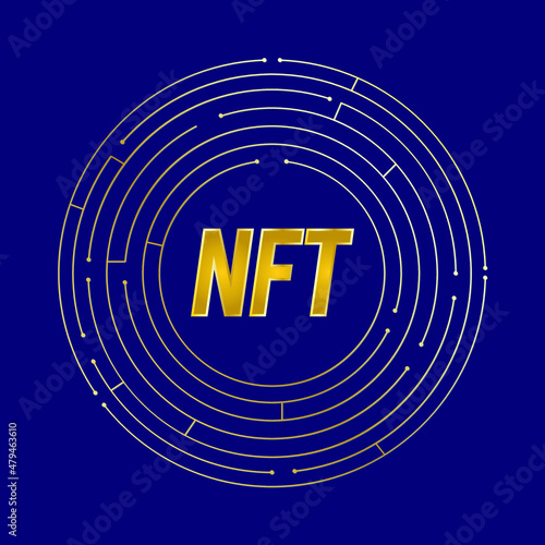 A vector of non fungible token or NFT in gold maze on blue background