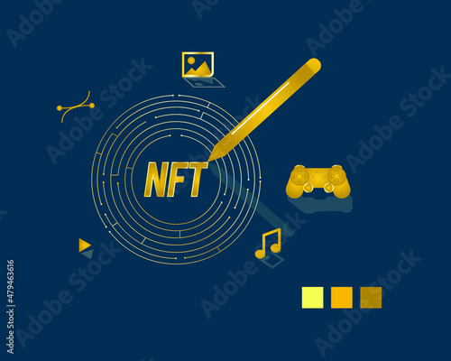 A vector of non fungible token or NFT in gold maze and item that can convert into it.