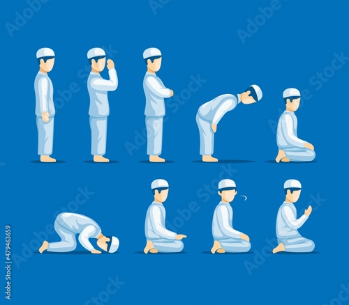 Muslim male pray pose instruction symbol collection icon set cartoon illustration vector photo