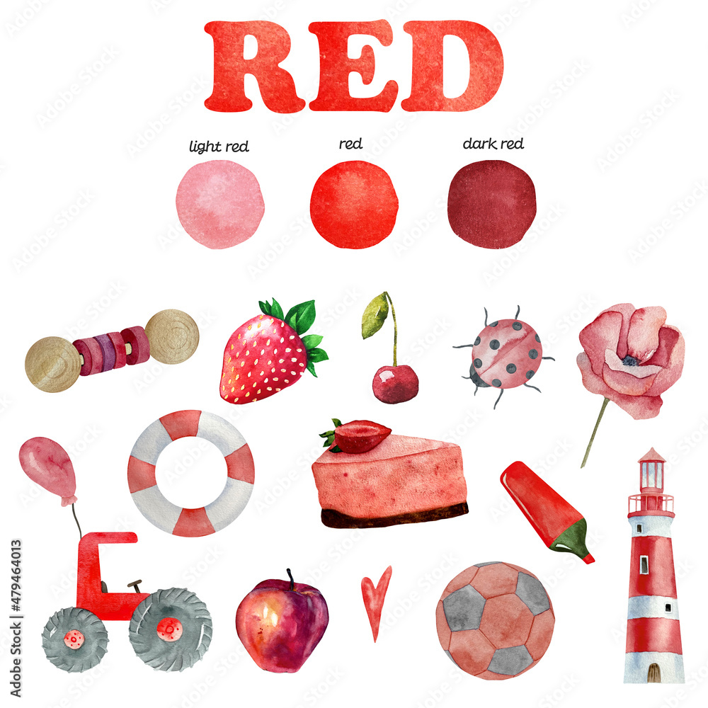 Watercolor red color objects for learning kids. Things that are red