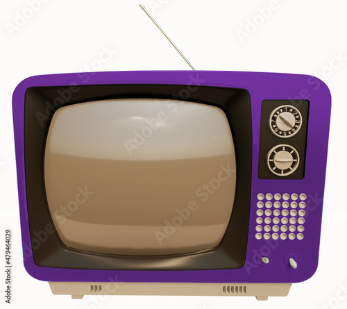 Television vieja vintage  analogica violeta vista frente aislado en fondo blanco con antena  imagen 3d  photo