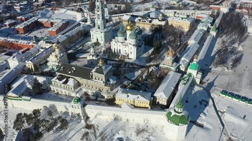 Aerial view on winter day of unique monastic complex of Trinity Lavra of St. Sergius, Sergiev Posad, Russia photo