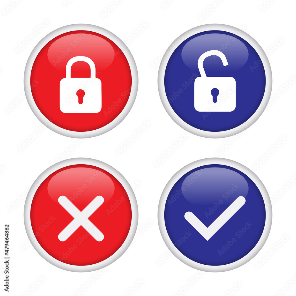 Glowing isolated icon of locked and unlocked lock on white background.  tick symbols, checklist signs, approval badge 