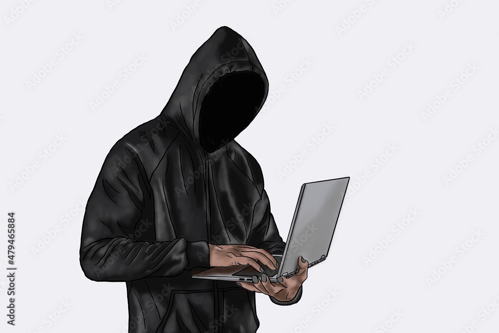 Drawing Hacker holding a laptop isolated on a white background Drawing Hacker holding a laptop isolated on a white background