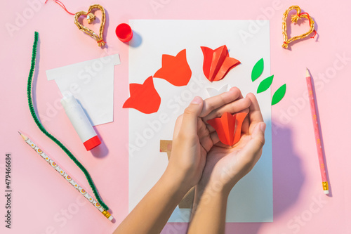 Children gift for Birthday or Mother's Day. How to make paper flower for greeting card. Simple creative art project. Step by step instructions.