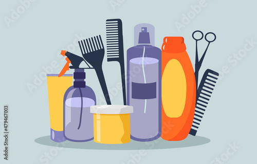 vector flat style illustration on the theme of hair care, beauty salons. hair care and styling products, hairdressing tools and combs.