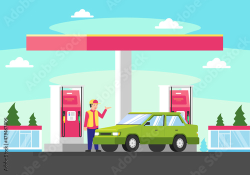 Vector Illustration Refueling Car on Gas Station. Refilling blue Car to Full Tank with Gasoline