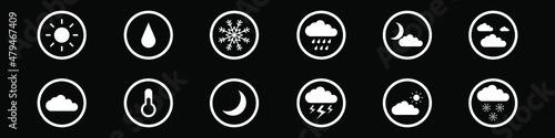 Weather icons set. Modern white pictograms forecast design apps. Trendy flat style vector illustration isolated on black background. EPS 10