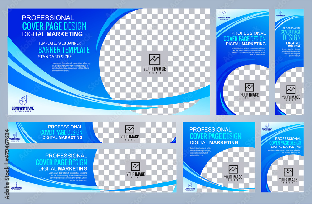 Set of Blue Web banners templates, Coverpage Standard sizes with space. Vector illustration Set of Blue Web banners templates, Coverpage Standard sizes with space. Vector illustration