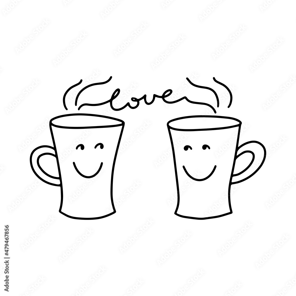 Obraz premium Funny mugs with hot drink in the doodle style. Handdrawn vector illustration. Black outline of mugs and lettering on white background. Element for greeting cards, posters, stickers and seasonal design