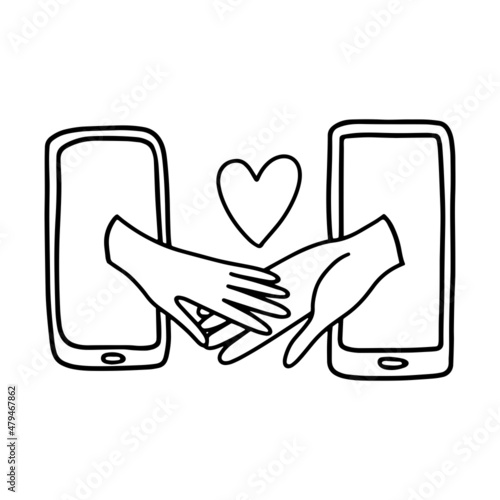 Female and male hands come out of the smartphone as a symbol of love. The concept of online dating. Vector for Valentine's Day. An element for greeting cards, posters, stickers and seasonal design.