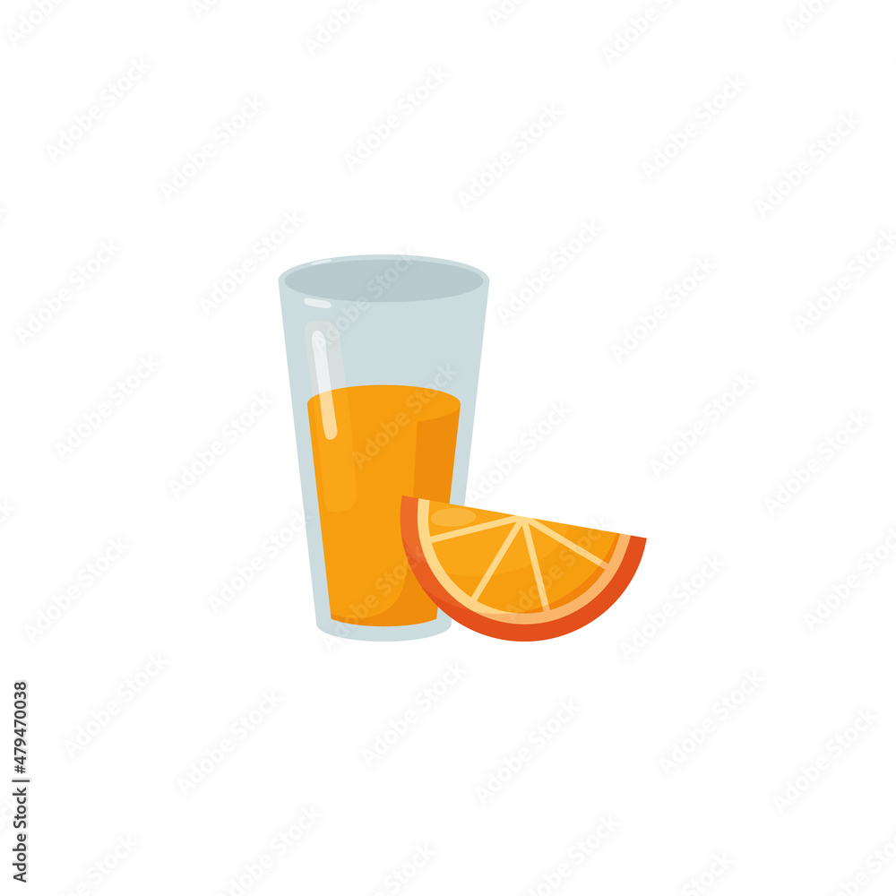 Orange juice in glass with slice of fruit flat vector illustration isolated. Orange juice in glass with slice of fruit flat vector illustration isolated.