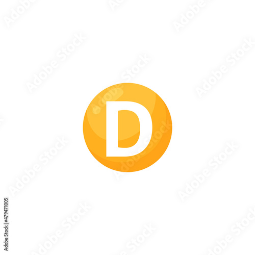 Vitamin D circle round golden color vector icon with letter in it. Omega3 supplement oil capsule. Sun vitamin capsule.