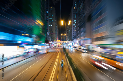 Night scenery of abstract traffic background viewed from speed motion train through downtown district of Hong Kong city