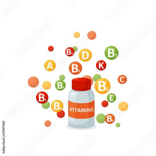 Multi vitamins bottle with abstract bubbles, flat vector illustration isolated on white background.