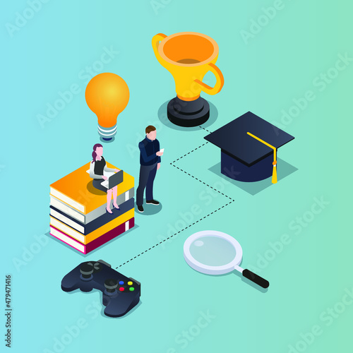 Learning game developer isometric 3d vector concept for banner, website, illustration, landing page, flyer, etc.