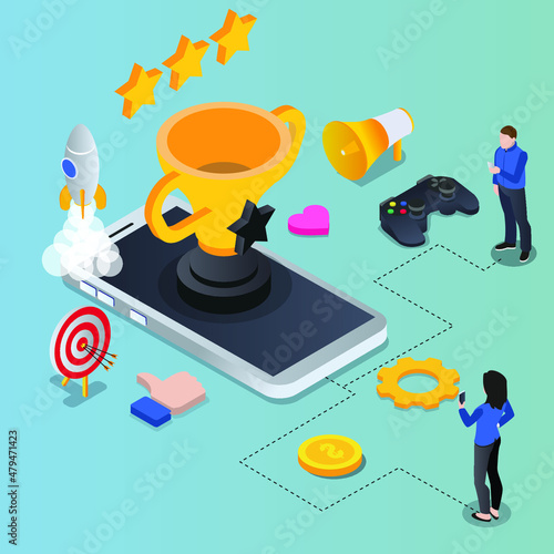 Game trophy on top of cellphone isometric 3d vector concept for banner, website, illustration, landing page, flyer, etc.