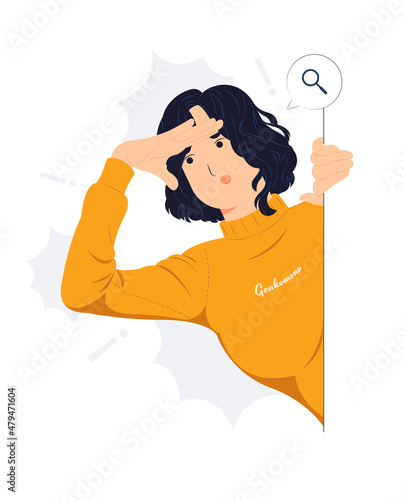 Curious woman looking far away with hand over head, trying to see something, bad vision, searching, holding palm on forehead and gasping. surprised, and amazed concept illustration