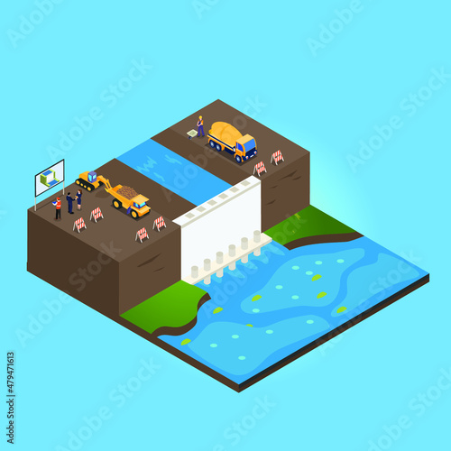 reservoir site construction isometric 3d vector concept for banner, website, illustration, landing page, flyer, etc.