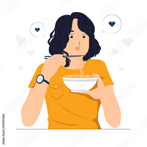 Asian young beautiful woman holding a bowl of noodles and eating hot and spicy instant noodles with chopsticks concept illustration