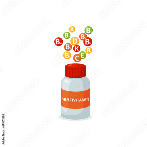 Multivitamin bottle with lid, flat vector illustration isolated on white background.