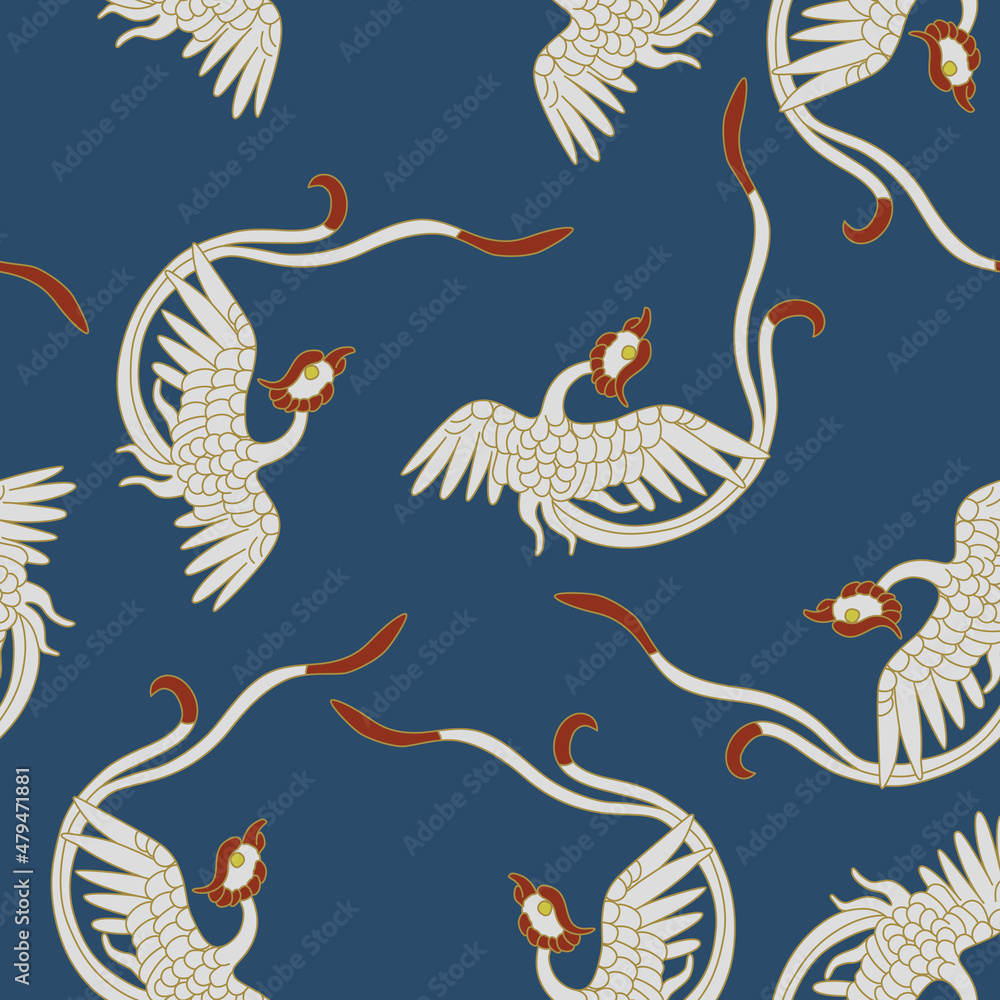 Seamless animal pattern with flying phoenix birds. Traditional oriental Chinese motif. White birds on blue background.