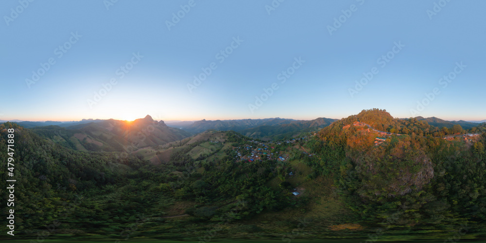 360 panorama by 180 degrees angle seamless panorama of aerial top view of forest trees and green mountain hills. Nature landscape background, Thailand.